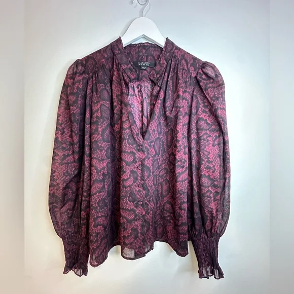 ALLSAINTS Leonie Stanza Shirt in Burgundy Red Python Sheer Print US Size 6 - Picture 9 of 17